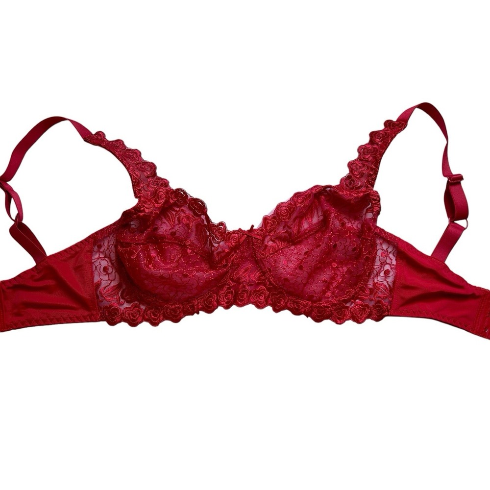 Red Bra 34DD Floral Rose Appliqué Lace Romantic Sexy Lingerie